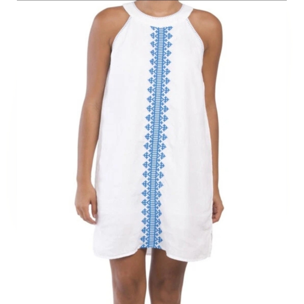 Lucky Brand 100% Linen Halter Dress Size M Embroidered White And Blue